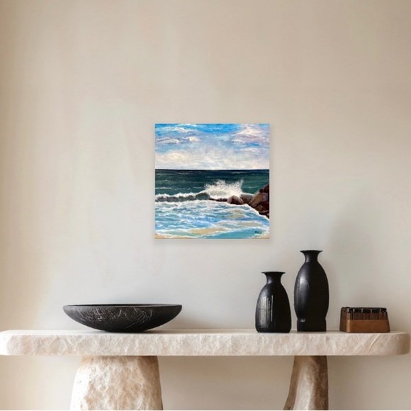 “Splashing Waves" Blue and White Ocean Wave Painting by mac Size 20 X 20 - Picture 4 of 4